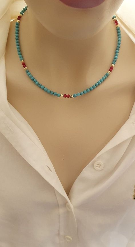 Turquoise Beads Necklace, Turquoise And Coral Jewelry, Beaded Jewelry Designs Necklaces, Diy Necklace Ideas, Long Beaded Necklaces, Turquoise Coral Jewelry, Turquoise Jewelry Necklace, Simple Beaded Necklaces, Simple Necklaces