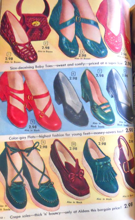 1951 Alden's catalog. Again, one of each. Plz. 50s Sandals, 1950's Shoes, Lana Lobell, 40s Shoes, 50s Shoes, 1950s Clothing, 1950s Shoes, Historical Shoes, Fitted Tops