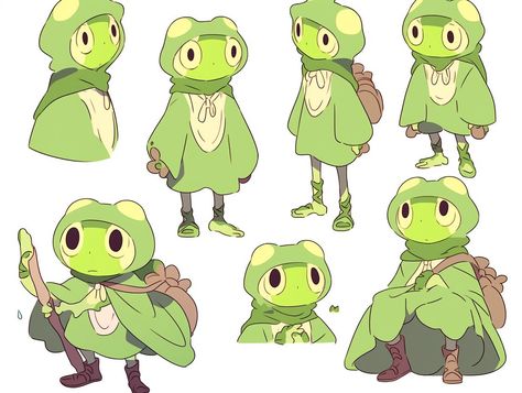 Character Art Stylized, Frog Person Character, Cottagecore Dnd Character, Frog Character Art, Gardener Character Design, Frog Concept Art, Grung Dnd, Character Concept Art Sheet, Frog Character Design