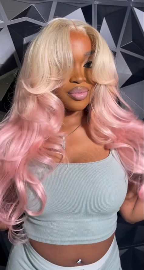 Cotton Candy Pink Hair On Black Women, Pink Wigs Hairstyle, Pink Wig Styles, Blonde And Pink Highlights, Wig Colors Black Women, Blonde And Pink, Pink Hair Highlights, Blonde Hair With Pink Highlights, Blonde Pink