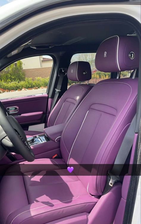 Purple Rolls Royce Interior, Purple Inside Car, Rolls Royce Truck Interior, Purple Car Interior Accessories, Purple Jeep Interior, Purple Car Seats, Dark Purple Car Interior, Light Purple Car Interior, Lilac Car Interior