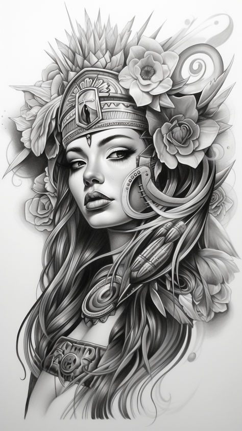 An elegant Chicano art piece, blooming with vibrant expressions. Aztec Women Warrior Goddesses Tattoo, Aztec Queen Tattoo, Aztec Princess Tattoo Goddesses, Aztec Art Drawings, Aztec Goddess Tattoo, Aztec Princess Tattoo, Aztec Tattoo Mexican, Aztec Queen, Mayan Princess