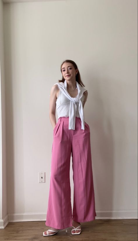 Pink & White Colorful Summer Outfit with pink wide-leg trousers, lace trim tank top, white cardigan, and white sandals with a kitten heel. Girly/feminine outfit inspo �✨ Pink Top White Pants, Pink Wide Leg Trousers, Colorful Summer Outfits, White Pants Outfit, Fashion Creator, Lace Trim Tank Top, Tank Top White, Ootd Summer, White Sandals