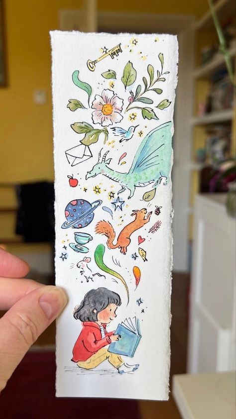 Book Mark Illustration, Bookmark Diy Watercolor, Bookmark Designs Drawing, Bookmarks Watercolor Ideas, Bookmarks Illustration, Bookmark Drawing Ideas, Bookmark Drawing, Bookmark Illustration, Craft Paper Art