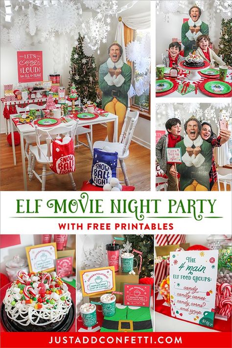 Let’s sing loud for all to hear…it’s an Elf Movie Night Christmas Party! This party is a tribute to my all-time favorite Christmas movie, Elf. I have watched Elf on repeat every December for as long as I can remember. Now I watch it with my boys and they love it too! This party is full of free printables and two fun DIY projects. I hope it inspires you to create an Elf Movie Night this holiday season! #justaddconfetti #buddytheelf #elfmovie #elfthemovie #christmasparty #movienight #freeprintable Elf Movie Night, Movie Night Christmas, Elf Movie Party, Elf Themed Christmas Party, Movie Night Theme, Holiday Movie Night, Adult Christmas Party, Christmas Movie Night, Elf Movie