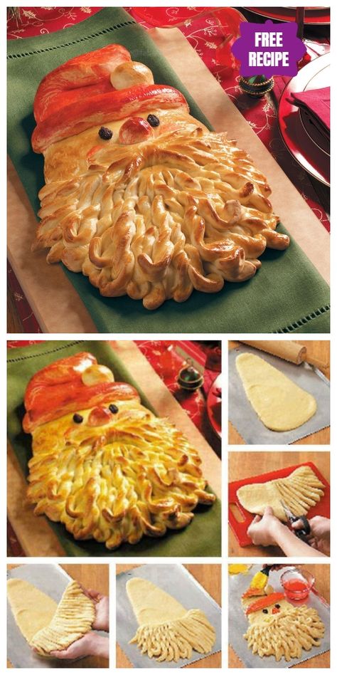 DIY Christmas Golden Santa Bread Recipes Santa Bread Head, Christmas Tree Shaped Bread, Christmas Bread Art, Christmas Shaped Bread, Bread Wreath Christmas, Christmas Bread Scoring, Santa Bread, Bread Shapes, Christmas Tree Bread