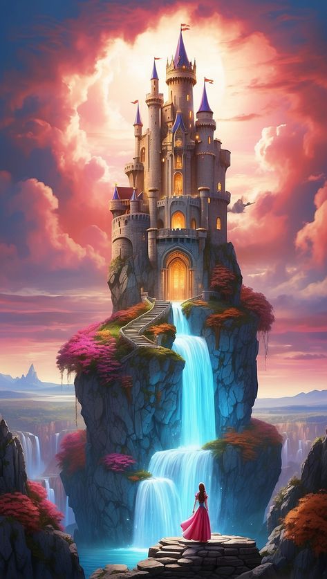 Wooden Castle Fantasy Art, Castle With Waterfall, Earth Castle Fantasy Art, Castle In Clouds Drawing, Fairy Tale Aesthetic Princesses, Castle Illustration Fairytale, Magical Castle Fantasy Fairytale, Castle Fantasy Art, Fairytale Artwork