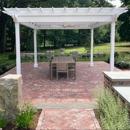 Stone Farm LLC on Instagram: "The pergola is the crown on this amazing antique brick paver patio. These are more of the brick pavers we salvaged from Boston’s City Hall Plaza. Lots more fun stuff on this project to show. Great job @getgreenacreslandscaping #bostonhistory #pergola #brickpavers #brickpatio #outdoorliving #outdoordiningtable #beautifulbrick #reclaimedbrick #salvagedhistory" Brick Wall Patio, Antique Brick Pavers, Brick Paver Patio, Paving Pattern, Antique Brick, Brick Paving, Reclaimed Brick, Paved Patio, Outdoor Gazebos