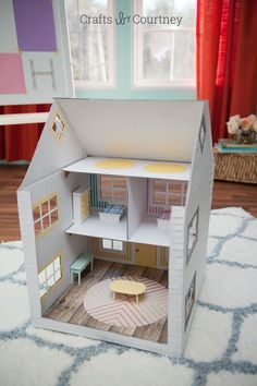 DIY: cardboard box dollhouse #Kids #Paper #Toy Cardboard Box Houses, Cardboard Box Diy, Cardboard Dollhouse, Diy Barbie House, Diy Pop, Cardboard Box Crafts, Cardboard Toys, Diy Barbie Furniture, Doll House Plans