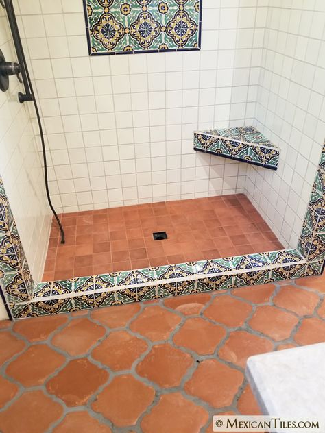 Mexican Tile - Spanish Mission Red Terracotta Floor Tile - Arabesque 2 Hacienda Style Bathroom, Terracotta Bathroom Floor, Mexican Bathroom Ideas, Hacienda Bathroom, Saltillo Floor, Mexican Tile Bathroom, Spanish Style Bathrooms, Spanish Bathroom, Mexican Bathroom