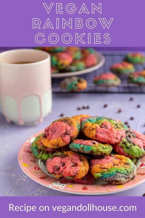 a plate of vegan rainbow chocolate cookies with a cup of coffee in the background Baby Shower Picnic, Rainbow Cookies Recipe, Vegan Party Snacks, Rainbow Chocolate, Vegan Finger Foods, Vegan Party Food, Vegan Cookie, Vegan Party, Vegan Cookies Recipes