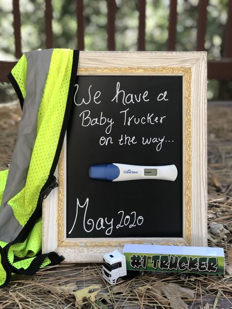 #babyannouncement #chalkboard #truckerbaby #babyannouncementideas Semi Truck Gender Reveal Ideas, Gender Reveal Truck, Semi Truck Gender Reveal, Trucker Baby Announcement, Country Baby Announcement, Pregnancy Surprise, Aunt Flow, Pregnancy Announcement Pictures, We're Pregnant