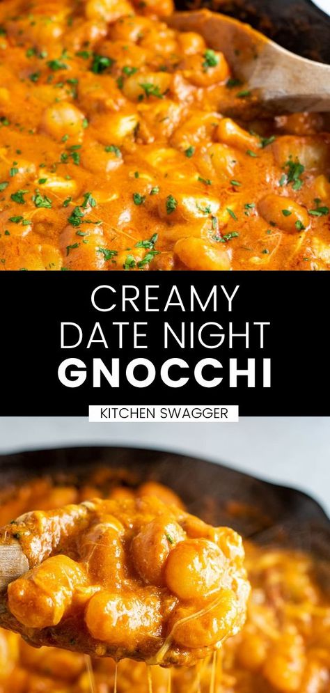 This simple gnocchi recipe takes only about 25 minutes to pull together, but it's totally date-night worthy! A fancy, hearty weeknight tested dinner that features a creamy red sauce that is really cheesy and delicious. I use a basic marinara sauce with added light cream, Parmesan cheese, garlic, fresh basil, white wine, and fresh mozzarella cheese to really up the ante. Date Night Gnocchi, Gnocchi And Vodka Sauce, Gnocchi Vodka Sauce Recipes, Marinara Gnocchi Recipes, Dinner Recipes With Marinara Sauce, Fun And Easy Dinner Recipes, Date Night Italian Dinner, Creamy Cheesy Gnocchi Recipes, Cheesy Tomato Gnocchi