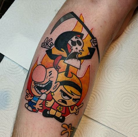 Grimm adventures of Billy and Mandy tattoo Cartoon Tattoos Colorful, Billy And Mandy Tattoo Ideas, Grimm Adventures Of Billy And Mandy Tattoo, Grim Adventures Of Billy And Many Tattoo, Grim Adventures Of Billy And Mandy Tattoo, Cartoon Leg Sleeve Tattoo, Cartoon Tattoos 90s, 90s Cartoons Tattoos, 90s Cartoon Tattoos Sleeve