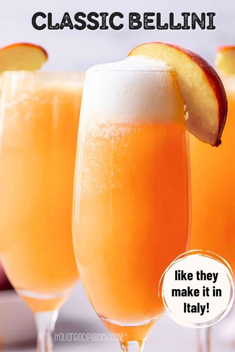 This peach bellini cocktail is the perfect combination of fruity, bubbly, low-alcohol cocktail perfect for the crowd. It's one of Italian favorite low-alcohol cocktails you can sip all summer long! Authentic, easy peach bellini made with only 2 ingredients. A MUST-TRY!rn Bellini Recipe Easy, Bellini Drink, Italian Cocktail Recipes, Peach Cocktail Recipe, Bellini Cocktail Recipes, Peach Bellini Recipe, Peach Bellini Cocktail, Italian Aperitivo, Bellini Cocktail