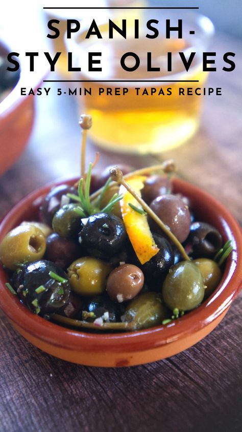 Spanish Olives Recipes, Tapas Style Food, Paella Sides, Spanish Appetizers Tapas Party, Spanish Marinated Olives, Spanish Dinner Party, Tapas Dinner Party, Tapas Olives, Spanish Tapas Party