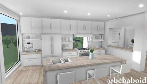 Bloxburg House Decor Ideas Kitchen, Bloxburg Apartment Kitchen Ideas, Simple Bloxburg Kitchen, Cute Kitchen Bloxburg, Clean Girl Bloxburg House, Cute Bloxburg Kitchen Ideas, Small Bloxburg Kitchen, Bloxburg Apartment Layout Exterior, Roblox Kitchen Ideas Bloxburg