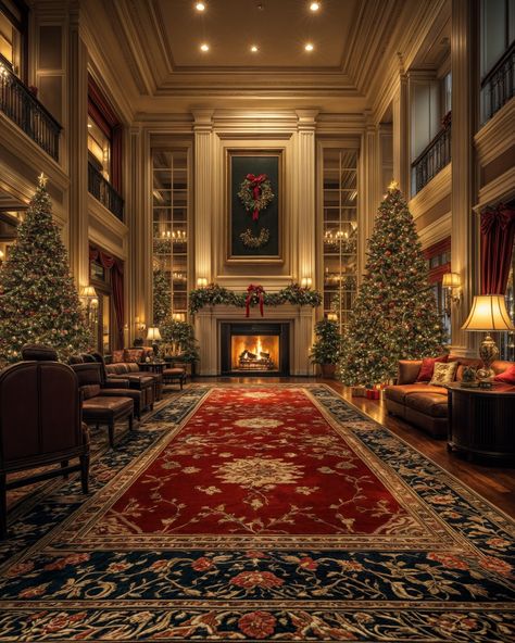 Merry Christmas | A hotel lobby with a warm fireplace and the hotel room 🎄🎄 * * * * * * This image belongs to me. Please credit me for reposting… | Instagram Christmas Hotel Room, Christmas Hotel Decorations, Christmas Hotel Lobby, Plaza Hotel Christmas, Christmas House Interior, Hotel Christmas Decor, Hotel Christmas Tree, Christmas Mansion, Christmas Dnd