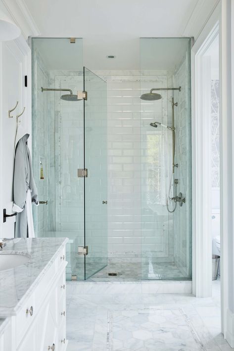 Marble Master Bath, Double Shower Heads, Sarah Richardson Design, Victorian Renovation, Sarah Richardson, Hudson Homes, Double Shower, Modern Marble, Bathroom Renos