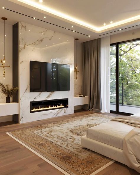 42 Bedroom Fireplace Decor with TV Ideas - Home Soils Fireplace Wall Ideas With Tv And Windows, Bedroom Linear Fireplace, Tile Tv Wall Ideas, Tv Unit Fireplace Modern, Standalone Fireplace Living Rooms, Fireplace With Two Windows, Fireplace In Wall Between Rooms, Digital Fireplace Living Rooms, Tv On Fireplace Living Room