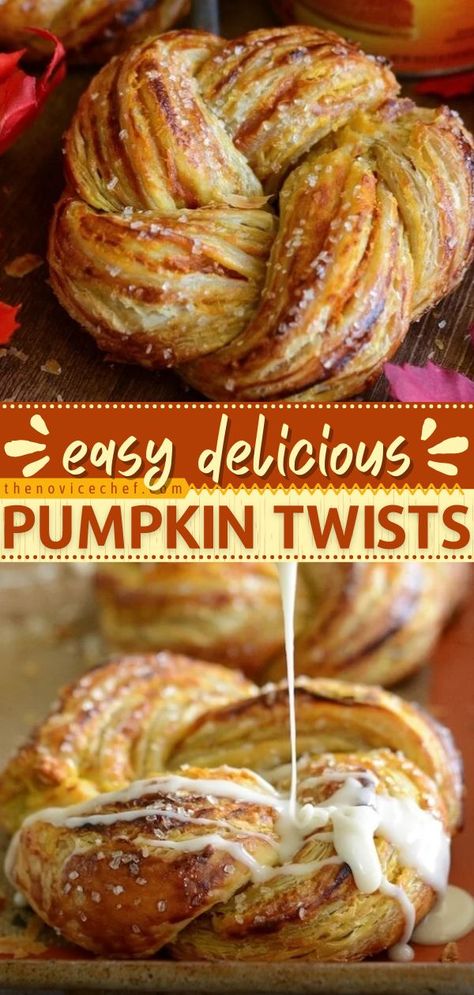 Pumpkin Twists, fall food, breakfast ideas Pumpkin Pie Pumpkin Recipes, Baked Breakfast Bread, Easy Breakfast Baking Ideas, Pastry Twist Recipes, Pumpkin Pie With Puff Pastry, Fall Desserts With Puff Pastry, Puff Pastry Dessert Pumpkin, Braided Food Ideas, Pumpkin Twists Puff Pastry