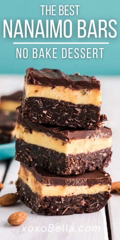 There is nothing quite like the best Nanaimo bars. If you’ve tried this classic Canadian dessert, you’ll know what I mean! This no bake dessert is a layered bar recipe bursting with sweet flavours. Ninimomo Bars Recipe, Nanimono Bars, Health Dessert Recipes, Nanaimo Bar Recipe, Canadian Dessert, Easy Bar Recipes, Nanaimo Bars, Ornament Diy, Canadian Food