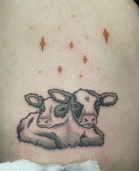 Two Headed Calf Tattoo Design, Play Tattoo, Mother Daughter Cow Tattoos, Two Headed Calf Painting, Cow Over Moon Tattoo, Cow Over The Moon Tattoo, Two Headed Calf Drawing, Two Headed Cow Tattoo, Outdoorsy Tattoos