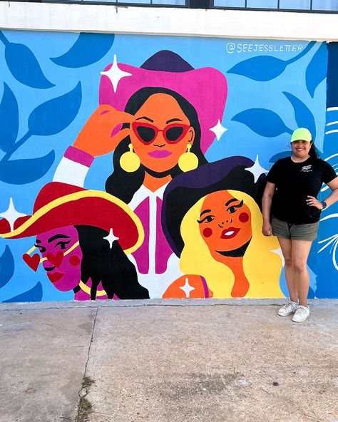 Vibrant and colorful mural of Texas cowgirls on bright blue background. Texas women wearing cowgirl hats and looking glamorous and empowered. Dallas, Texas area mural art. Mural design and painting by artist and illustrator Jessica Molina. Boutique Mural, Dallas Murals, Austin Murals, Bright Blue Background, Mural Inspiration, Texas Boutique, Lettering Illustration, Colorful Murals, Mural Ideas