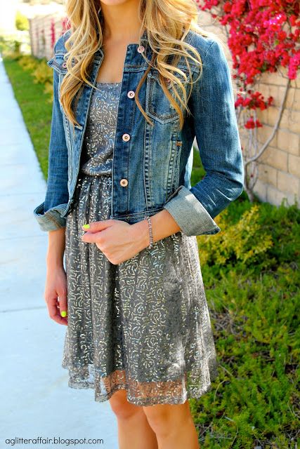 Silver glitter dress with denim jacket. Dress With Jean Jacket, Moody Blues, Glitter Dress, Summer Dress Outfits, Passion For Fashion, Jean Jacket, Cute Dresses, Dress To Impress, A Woman