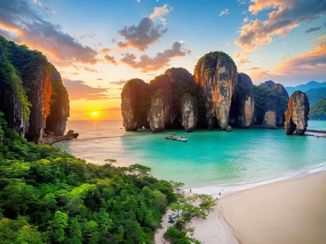 Discover Thailand's Beauty: Sunrise over Railay Beach Thailand Landscape, Inspiring Landscapes, Railay Beach, Awe Inspiring, Thailand, Beauty