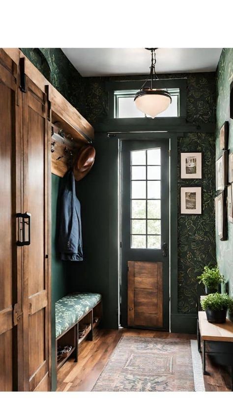 Emerald Green Mudroom, Green Wall Black Trim, Green Mudroom With Wallpaper, Moody Wallpaper Entryway, Moody Green Entryway, Wallpaper With Wood Trim, Dark Green Mudroom, Green Walls Black Trim, Wallpaper Mudroom