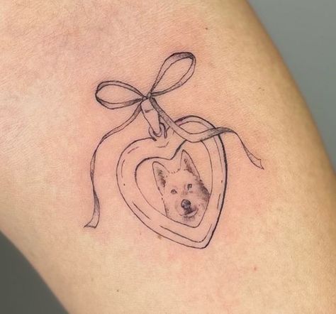 Fine Line Cat Portrait Tattoo, Angel Puppy Tattoo, Tattoos Dogs Ideas, Locket Tattoos Dog, Dainty Pet Tattoos, Small Dog Portrait Tattoo, Dog Locket Tattoo, Pet Locket Tattoo, Tattoo Ideas For Dogs That Have Passed