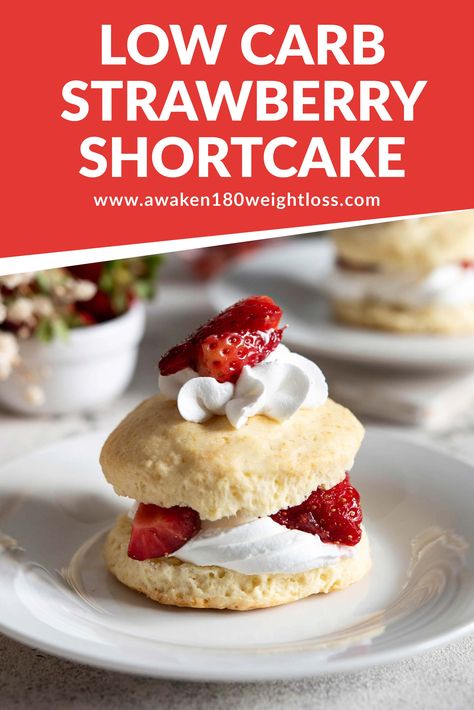 Homemade low carb shortcakes are topped with sweetened whipped cream and fresh strawberries in this irresistible recipe for Low Carb Strawberry Shortcake! It's the perfect light, low-sugar brunch dessert. Shortcake Biscuits, Dump Recipes, Low Calorie High Protein, Brunch Dessert, Brunch Desserts, Short Cake, Sweetened Whipped Cream, Dump Meals, Strawberry Slice