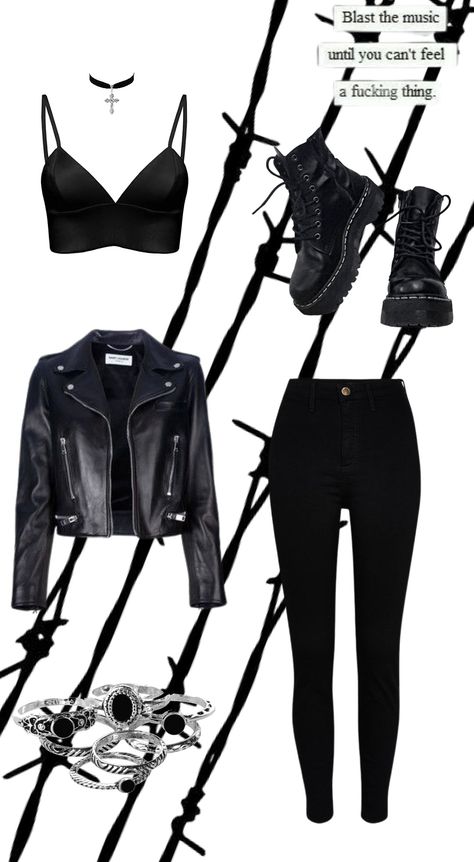 Goth grunge emo alt leather black outfit polyvore Heavy Metal Outfit Ideas, Gothic Outfits Polyvore, Black Metal Aesthetic Outfit, Metal Concert Outfit Winter, Winter Rock Concert Outfit, Alt Rock Concert Outfit, Black Outfit Polyvore, Emo Party Outfit, Alternative Rock Concert Outfit