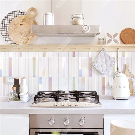 White Cabinet Colorful Backsplash, Multicolor Tile Backsplash, Irridescent Backsplash Tiles, Multicolor Kitchen Backsplash, Unique White Tile Backsplash, Pastel Backsplash Kitchen, Rainbow Backsplash Kitchen, Iridescent Tiles Kitchen, White Kitchen Backsplash Ideas Color