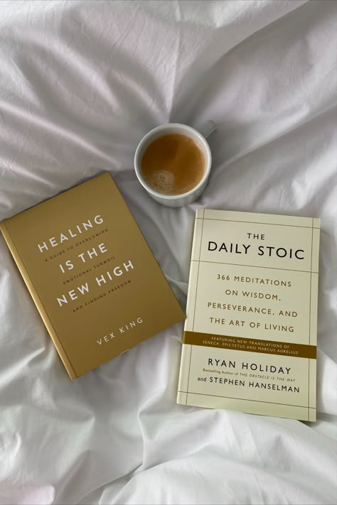 books, self help books, healing is the new high, vex king, ryan holiday, the daily stoic, aesthetic books, coffee, morning, in bed Books Self Growth, Book For Self Confidence, Self Development Books Aesthetic, Healing Is The New High Book, Self Help Book Aesthetic, Self Help Aesthetic Ideas, Reading Self Help Books Aesthetic, The Daily Stoic Book, Daily Stoic Book