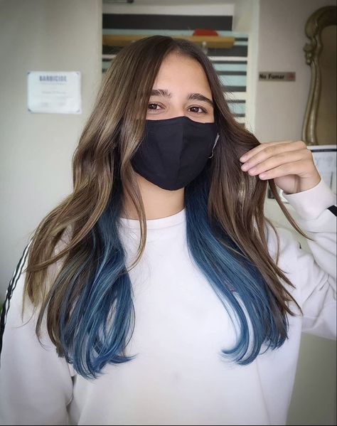 Blue Hair On Light Brown Hair, Brunette Hair With Blue Underneath, Peekaboo Hair Streak, Under Dyed Hair Blue, Blue Under Highlights, Brown Hair Blue Underneath, Brown And Blue Peekaboo Hair, Brown Hair With Under Color, Underneath Blue Hair