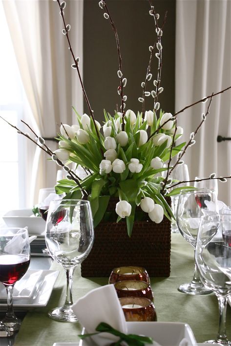 Earlier this week, I shared our St. Patricks Day table scape with a large spring tulip and pussywillow centerpiece.  Today, I'm going to ... Tulpen Arrangements, Wedding Flowers Tulips, Flowers And Candles, Tulips Arrangement, Spring Centerpiece, Favorite Flower, White Wedding Flowers, Spring Tulips, White Tulips