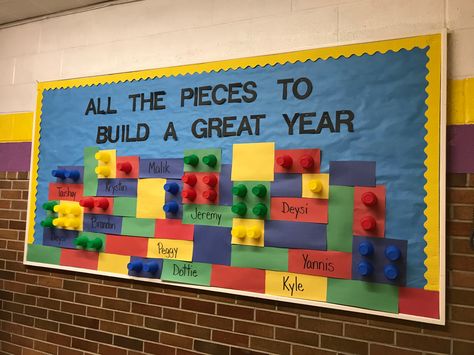 Community Building Bulletin Board Ideas, Lego School Theme Bulletin Boards, Building Blocks Bulletin Board Ideas, Block Center Bulletin Board, Lego Bulletin Board Classroom, Lego Classroom Theme Bulletin Boards, Lego Themed Bulletin Boards, Stem Bulletin Board Ideas Preschool, Lego Themed Classroom Ideas