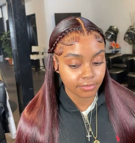 Straight Lace Front Wigs Styles Middle Part, Straight Wig Hairstyles Black Women With Braids, 2 Braids Frontal Wig, Frontal With 2 Braids, Frontal Wig Hairstyles With Braid, 2 Front Braids With Straight Hair, Braid Across Front Of Hair Frontal, Braided Frontal Hairstyles, Straight Hair With Braid