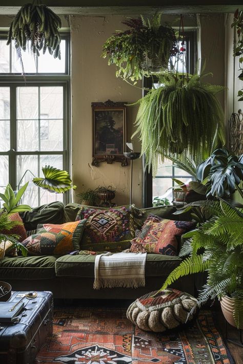 Houseplant Living Room, Spiritual Living Room Aesthetic, Dark Green Boho Living Room, Boho Living Room Plants, Boho House Aesthetic, Green Boho Living Room, Colonial Living Room Ideas, Flower Apartment, Boho Sunroom Ideas