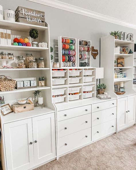 Craft Section In Room, Multi Purpose Office And Craft Room, Craft Organization Cabinet, Multi Purpose Craft Room Ideas, White And Gold Craft Room, Craft And Toy Room, Game And Craft Room Ideas, Business Set Up Ideas, School Storage Room