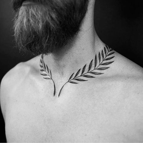 @wolfgangtattoo @equilattera • #necktattoo #ferntattoo #fern #🌿 Laurel Wreath Tattoo, Collar Tattoo, Font Tato, Wreath Tattoo, Fern Tattoo, Female Tattoos, Bone Tattoos, Men Tattoos, Meaningful Tattoos For Women