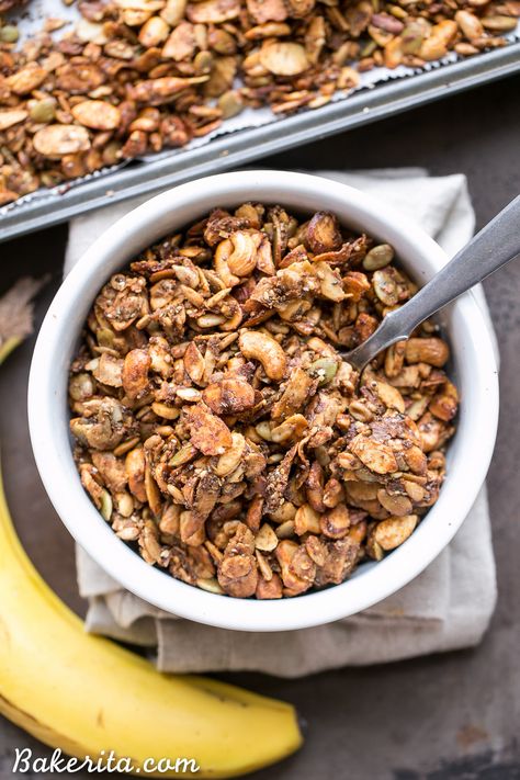 This Banana Almond Butter Grain Free Granola is a crunchy   filling snack, made without any grains or refined sugars! It makes the perfect yogurt or smoothie bowl topping, or just grab a handful to hold you over until your next meal. Banana Almond Butter, Smoothie Bowl Toppings, Crusted Chicken Tenders, French Toast Ingredients, Filling Snacks, Grain Free Granola, Sugar Pumpkin, Nutritious Snacks, Granola Recipes