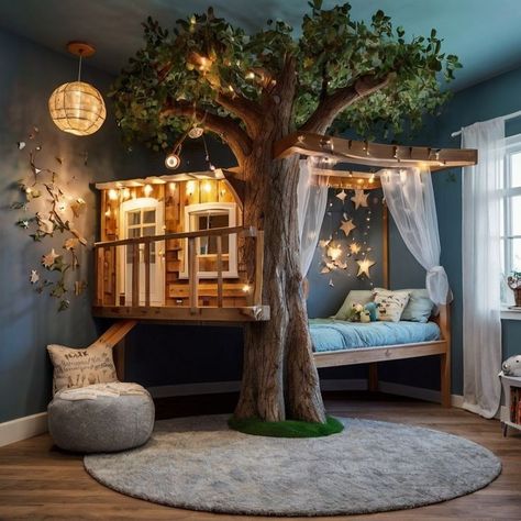 Whimsical Bedroom Kids, Treehouse Playroom, Whimsical Kids Room, Tree House Bedroom, Treehouse Bedroom, Treehouse Bed, Kids Bedroom Lights, Whimsical Treehouse, Dream Playroom