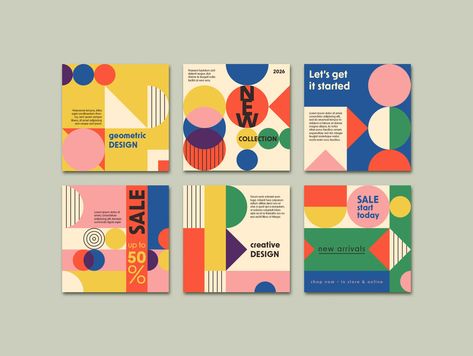 Graphic Design Gallery, Bauhaus Branding, Bauhaus Layout Design, Design Instagram Posts, Instagram Post Graphic Design, Graphic Design Instagram Posts, Social Media Templates Design, Bauhaus Color Pallete, Instagram Post Design