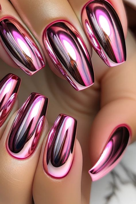 43 Chrome Nails To Indulge In The Shimmer Valentines Day Nails Red Chrome, Pink Crome Valentines Nails, Chrome Valentines Nails Designs, Valentine Nails Chrome, Valentines Day Chrome Nails, Valentine’s Day Chrome Nails, Hot Pink Metallic Nails, All Chrome Nails, Chrome And Sparkle Nails