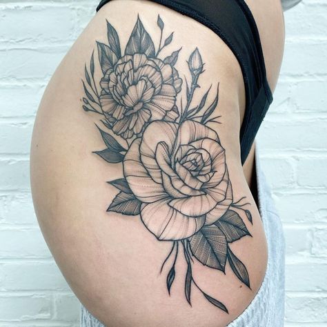 Big Hip Tattoo, Carnation And Rose Tattoo, Rose And Carnation Tattoo, Carnation Flower Tattoo, Feminine Shoulder Tattoos, Carnation Tattoo, Big Floral, Shoulder Tattoos, Botanical Tattoo