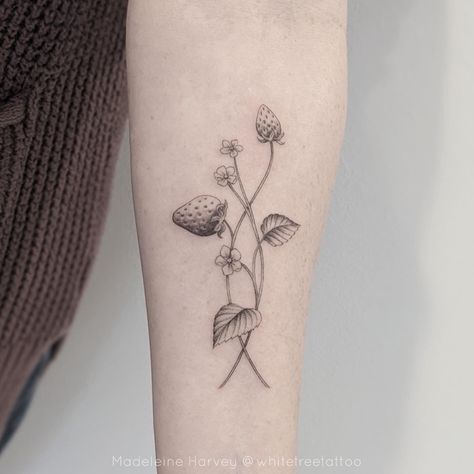 Strawberry Shoulder Tattoo, Strawberry Flower Tattoo, Strawberry Branch Tattoo, Fine Line Strawberry Tattoo, Strawberry Tattoo Linework, Forest Strawberry Tattoo, Wild Strawberry Tattoo, Strawberry Tattoo, Ankle Tattoo Designs