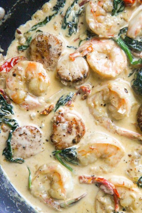 Tuscan Shrimp and Scallops Scallop Florentine Recipe, Frozen Shrimp And Scallop Recipes, Shrimp And Scallops Recipes, Shrimp And Scallop Pasta Cream Sauces, Crab Shrimp Scallop Recipes, Scallop Shrimp Pasta, Scallops Shrimp Recipe Dinners, Shrimp And Bay Scallop Recipes, Shrimp Scallops Recipes